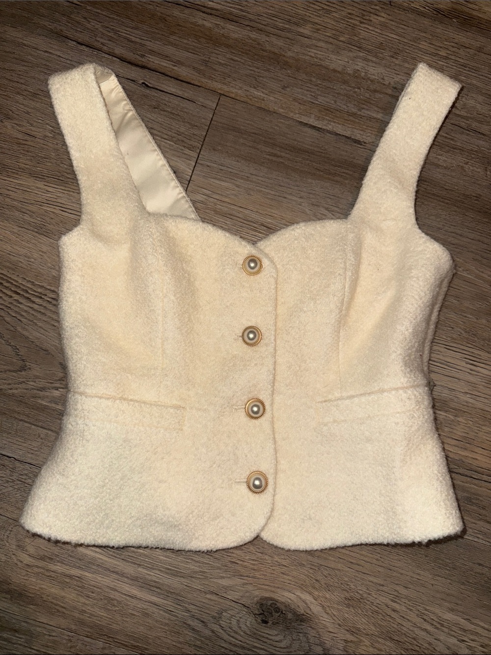Reformation Cream Bouclé Sleeveless Top with Button Detail